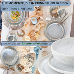 SÄNGER | Set de veselă Santorini cu 12 piese, set de farfurii pentru 4 persoane, evaluat FOARTE BUN, set de veselă din gresie, inclusiv farfurii de cină, farfurii de desert și farfurii de sumă, crem cu gradient liliac-albastru | COLECȚIA PREMIUM