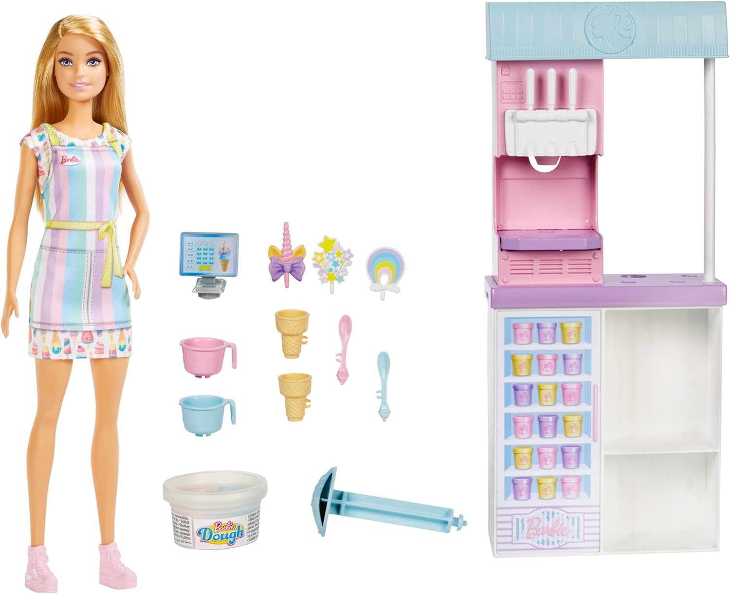 Seria Barbie You Can Be Anything, Salon de înghețată, 1x Păpușă Barbie cu păr blond, Mașină de înghețată, Barbie Play-Doh, Accesorii de copt, Cadou pentru copii, Jucărie pentru vârsta de 3 ani și peste, HCN46