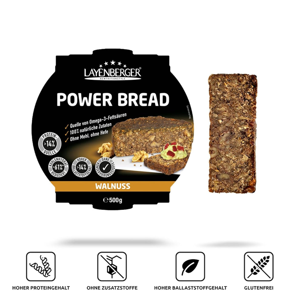 Layenberger Prower Bread Walnut, Eiweiß- Und Ballaststoffquelle, Ohne Konservierungsmittel, Ohne Hefe, Ohne Mehl, Mit 14G Protein Pro 100G, (1 X 500G) Mischung zum Backen und Kochen Naty Shop