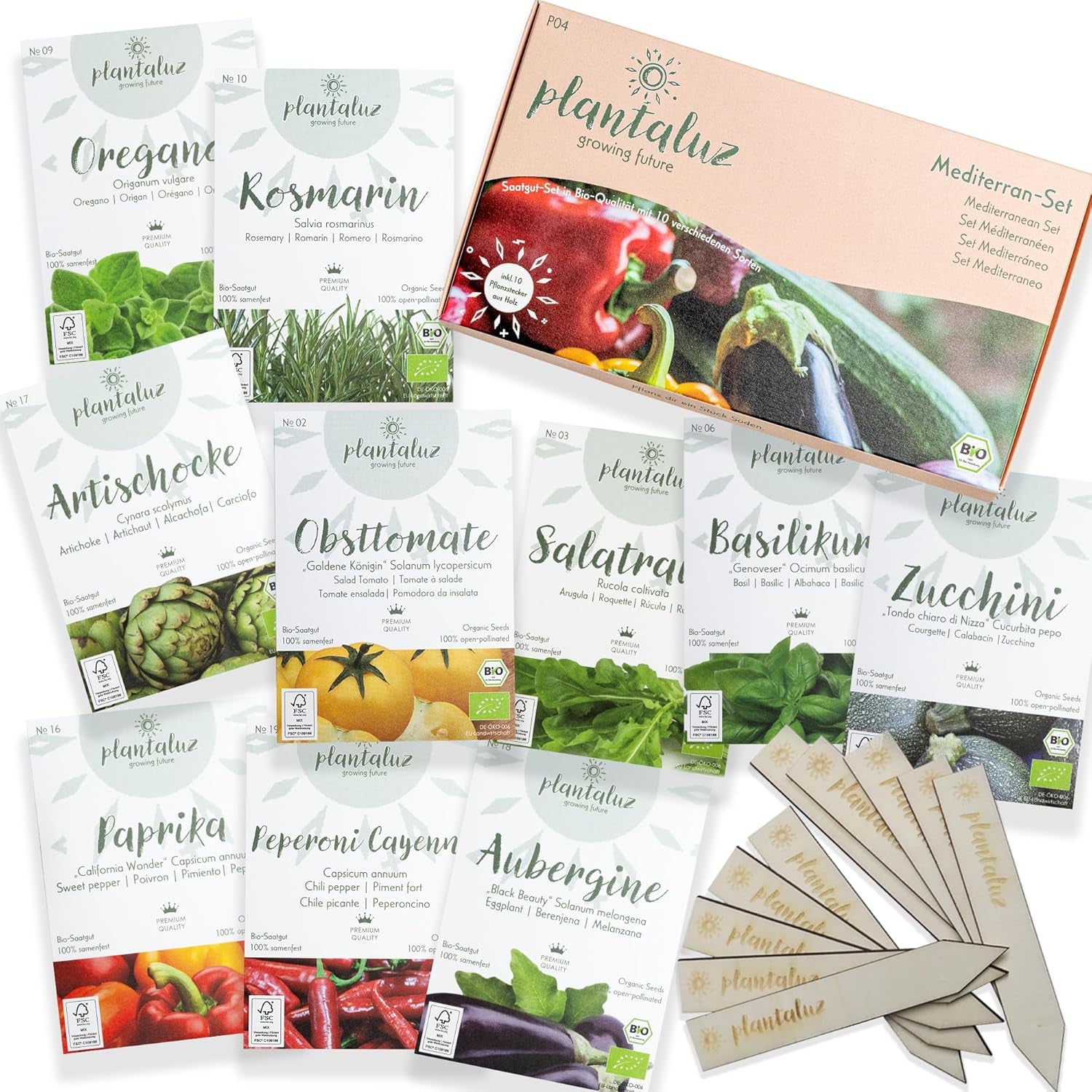 Plantaluz Premium Bio-Samen-Set P04 – Mediterranes Gemüse- und Kräuter-Samen-Set mit 10 Sorten für Garten, Balkon und Hochbeet – inklusive FSC-Pflanzstäbchen – frei bestäubte und gentechnikfreie Bio-Samen