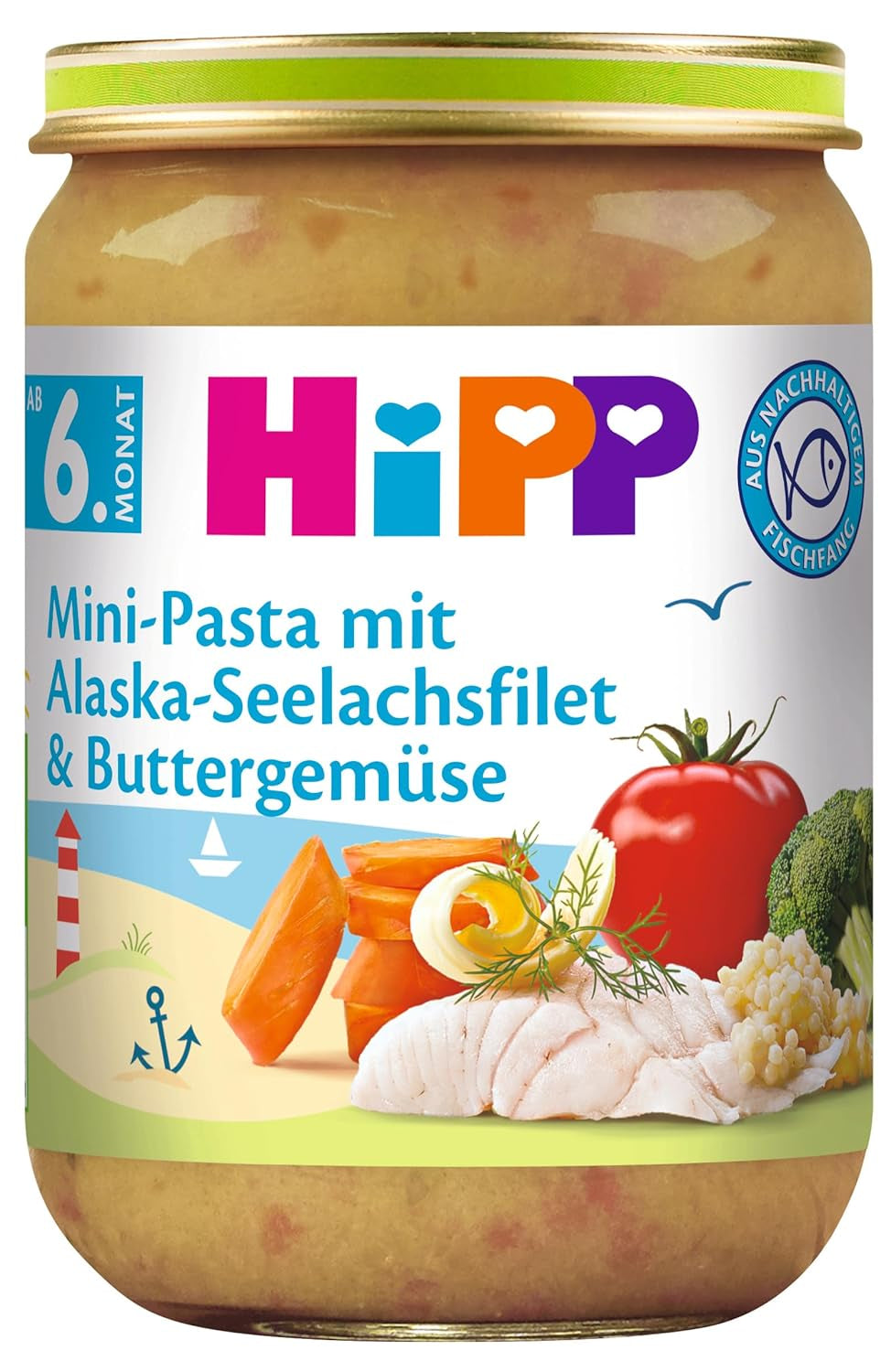 HiPP Mini-Pasta mit Alaska-Seelachsfilets und Buttergemüse, 6er-Pack (6 x 190 g)