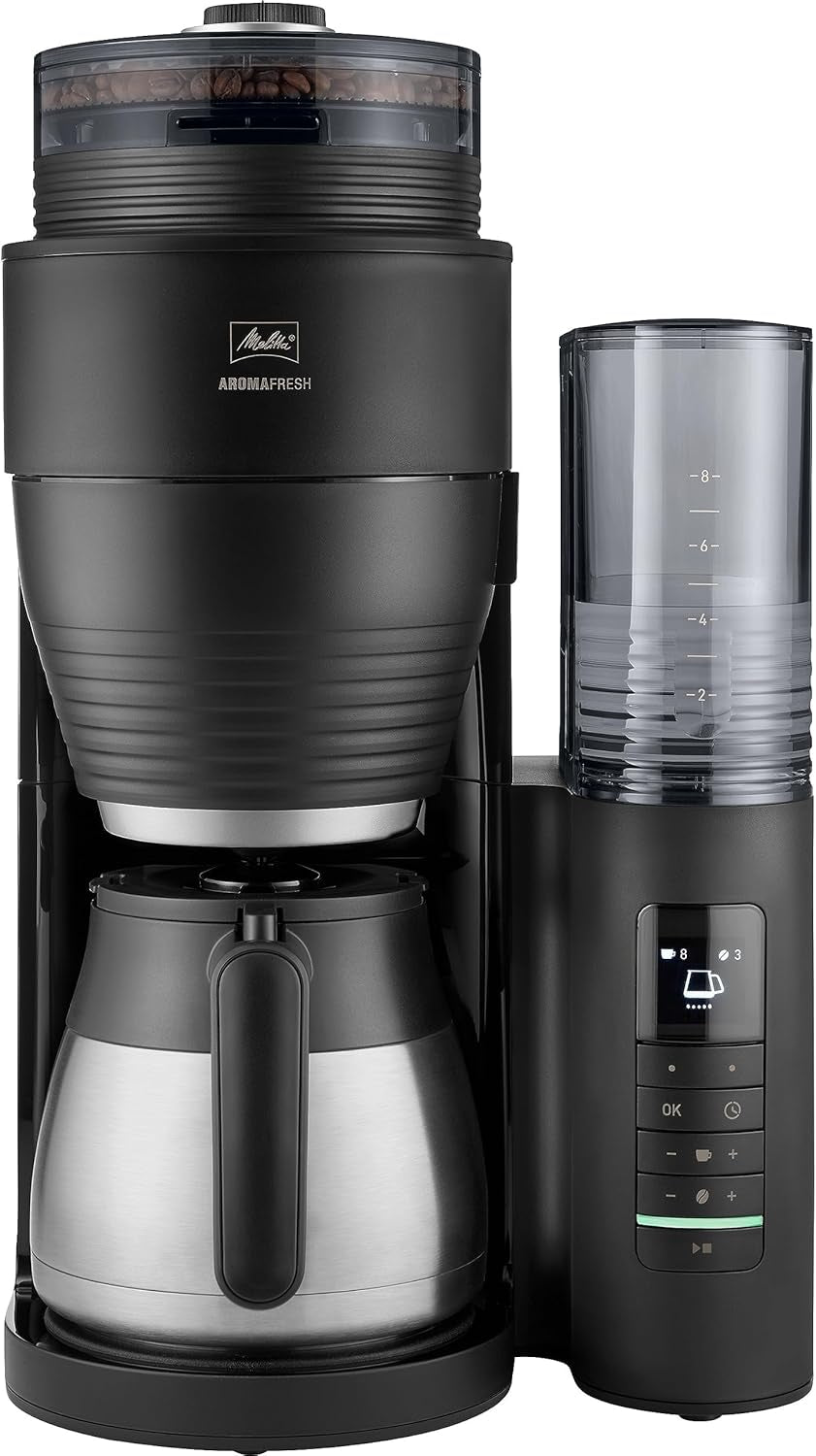 Melitta AromaFresh Therm Pro X – Espressor cu filtru, râșniță integrată, rezervor de apă detașabil, carafă termică din oțel inoxidabil și funcție de temporizator, pentru până la 8 cești de cafea, negru/argintiu