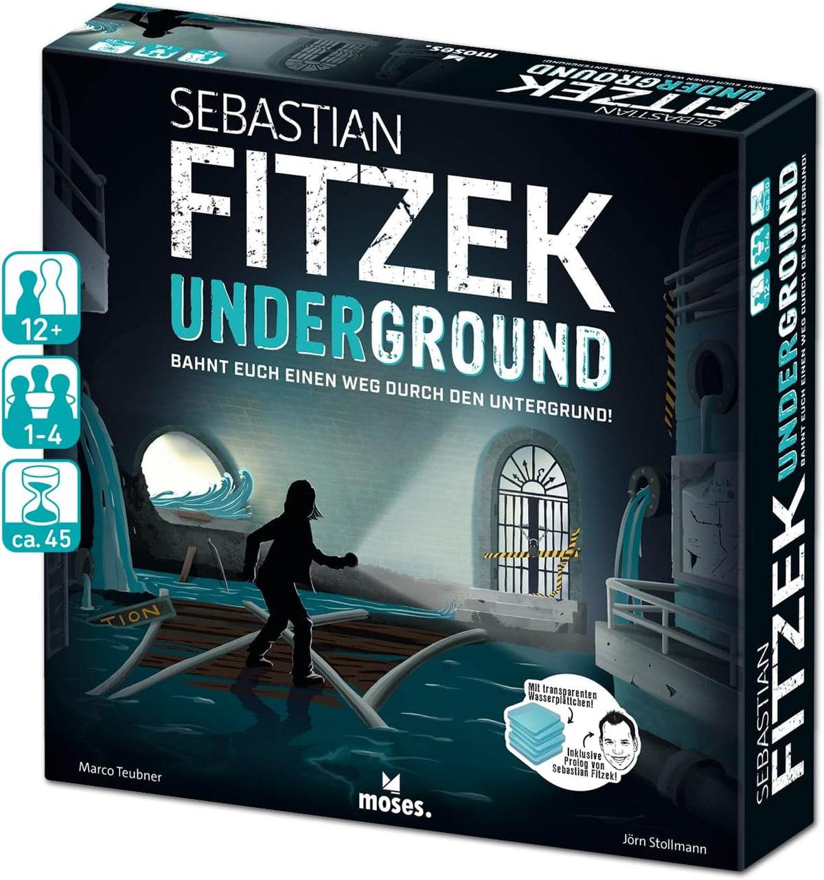 Moses. Sebastian Fitzek Underground, ein innovatives 3D-Thrillerspiel für Fans von Escape Games, ein kooperatives Brettspiel von Marco Teubner mit verschiedenen Schwierigkeitsgraden, ab 12 Jahren.