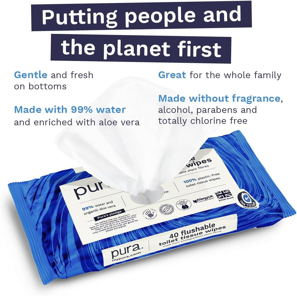 Șervețele umede Eco Flushable, 1 pachet (40 de șervețele), 100% fără plastic, 99% apă, șervețele umede sensibile și hrănitoare, certificate "Fine to Flush" Biodegradabile, Vegan (pachet cu 3)