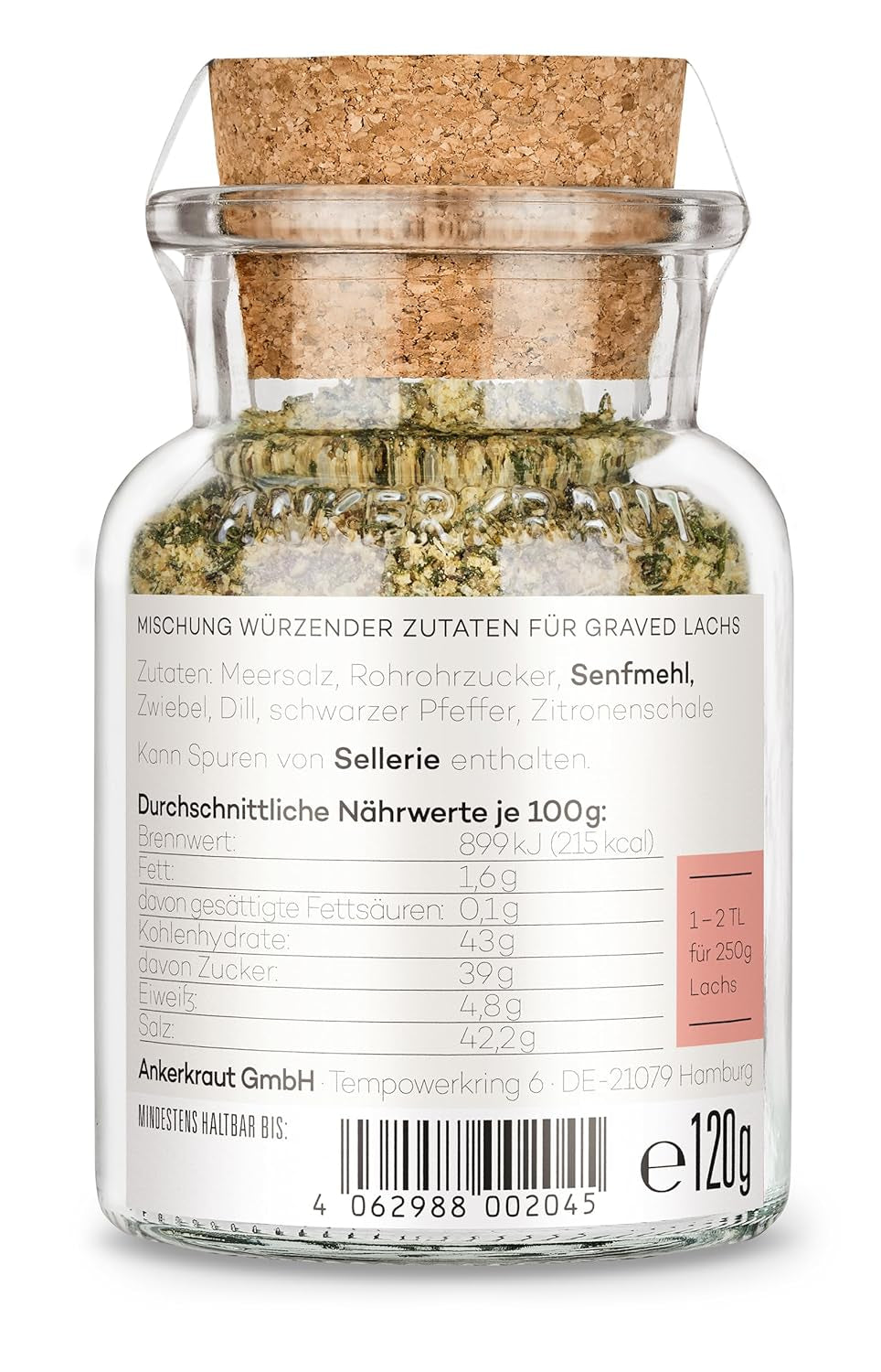 Ankerkraut Graved Salmon (Schweden), Mischung würzender Zutat für Fisch, schwedischer Graved Salmon, 120 g im Korkglas