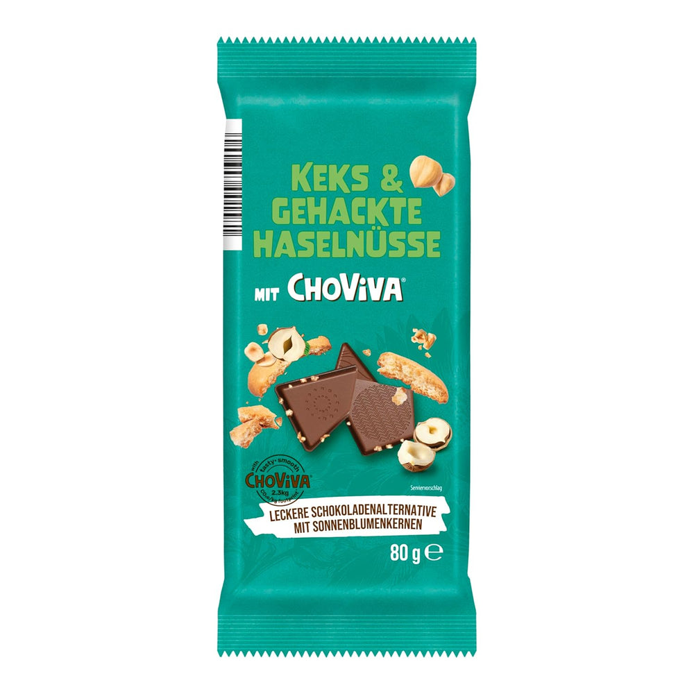Gesalzene Butterkekse und ChoViva, 80-g-Riegel, hergestellt aus alternativer Schokolade mit Sonnenblumenkernen