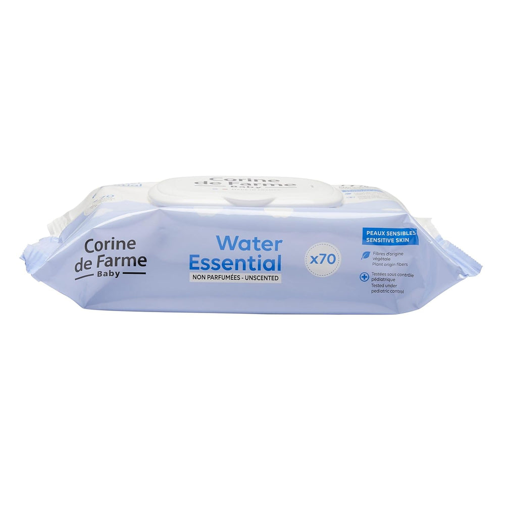 Change Water Essential Babyfeuchttücher x70 – Toilettenartikel aus Pflanzenfasern – 99 % hochreines Wasser – Hygiene ab der Geburt – wiederverschließbarer Deckel