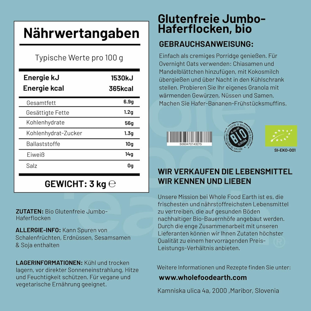 Wholefood Earth Bio-Jumbo-Haferflocken, glutenfrei – 3 kg | GVO-frei | Vegan | Reich an Ballaststoffen | Bio-zertifiziert