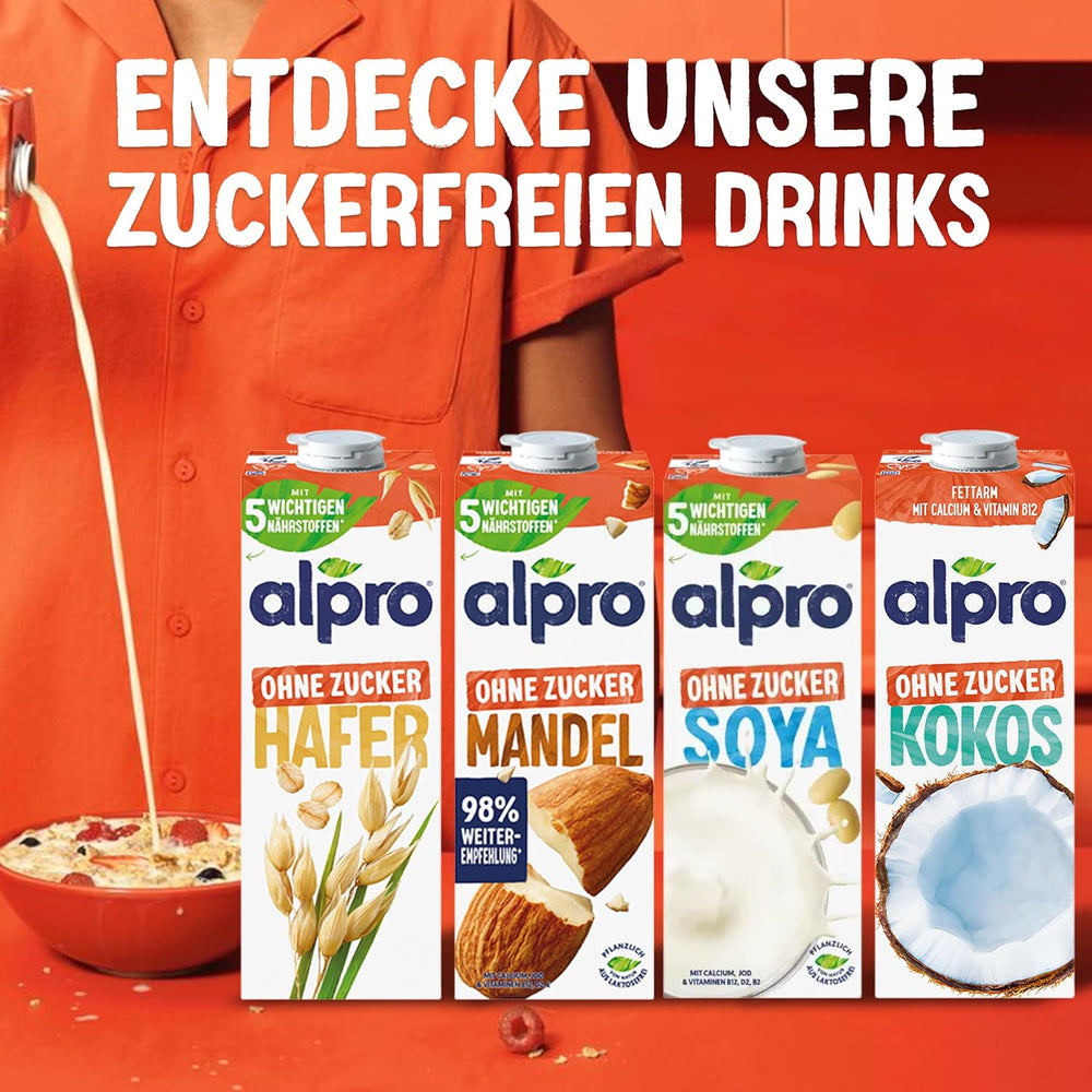 Alpro Haferdrink ohne Zucker – Milchalternative auf Haferbasis – Vegan und laktosefrei – Reich an Ballaststoffen, Kalzium und Vitaminen – 8 x 1 L