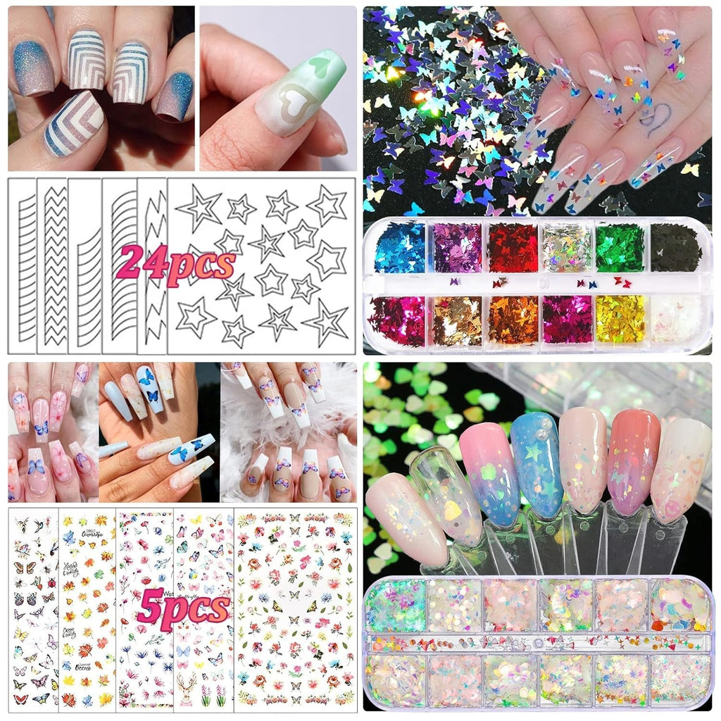 Nail Art Pinsel Und Dekorationen Set,Nail Art Dekoration Zubehör Set,15 Pcs Pinsel,5 Blätter Nagelsticker,5 Pcs Dotted Pen,Strasssteine Nägel,Ultra Dünn Nagel Pailletten Für Nagelkunst Maniküre