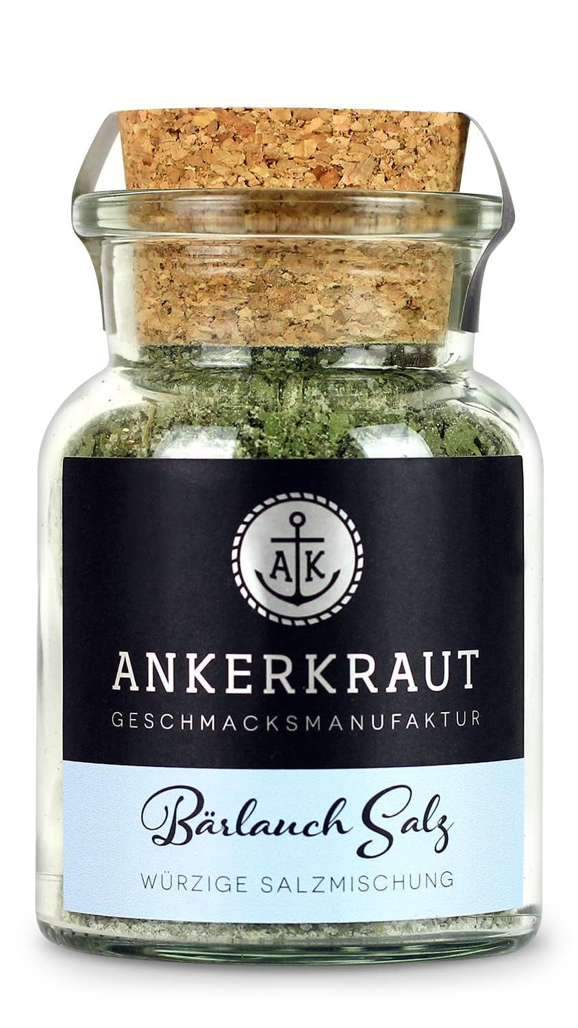 Ankerkraut Bärlauch Salz, Lecker Fleisch und Salat Verfeinern, Knoblauchartiges Gesmack Aroma, Kräuter mit Gewürzen zum Kochen, 110 g im Korkenglas