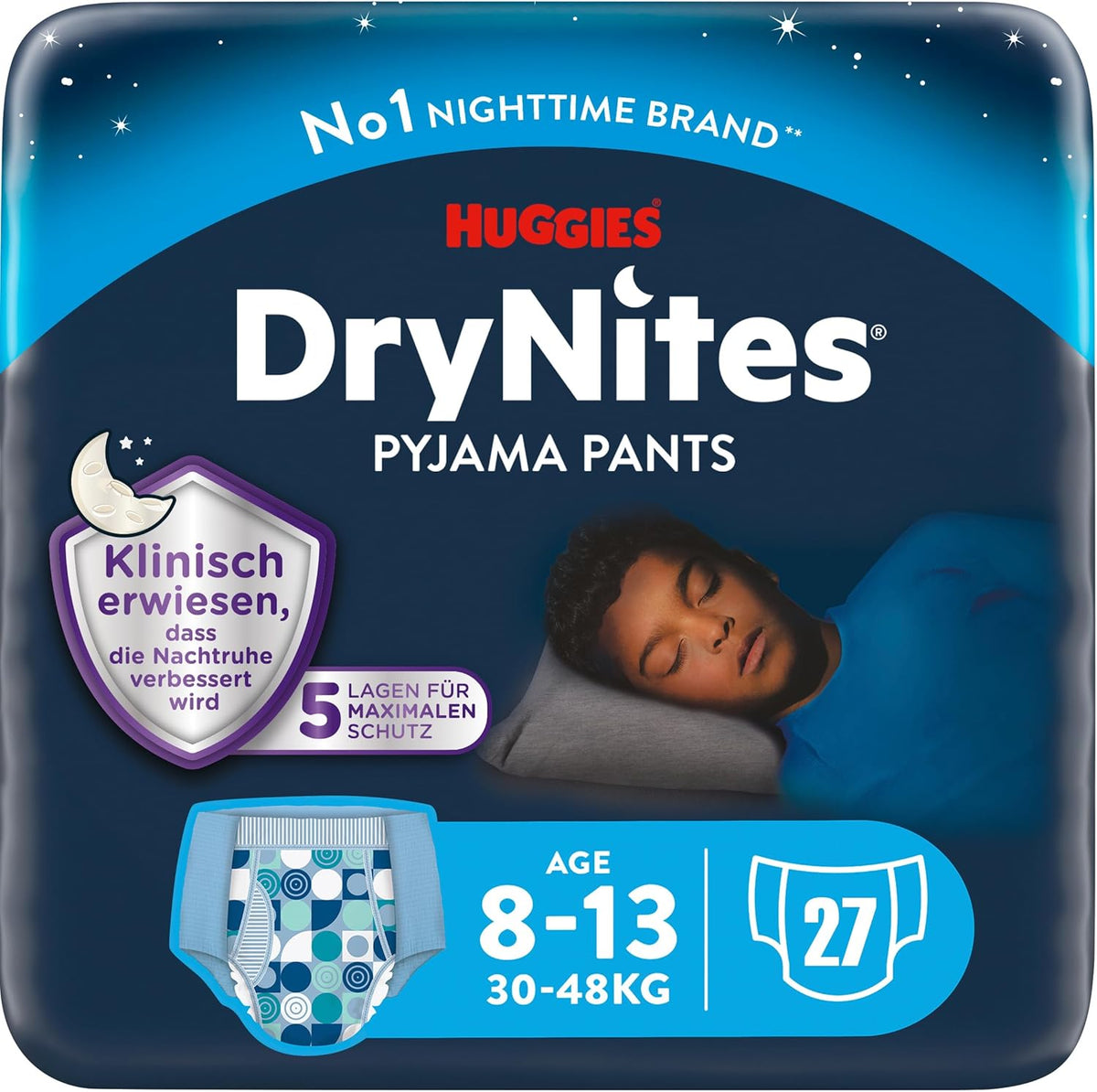 Huggies DryNites Super saugfähige Nachtwindeln für Jungen von 8–13 Jahren (30–48 kg), 27 Stück (3 x 9 Stück) Höschenwindeln