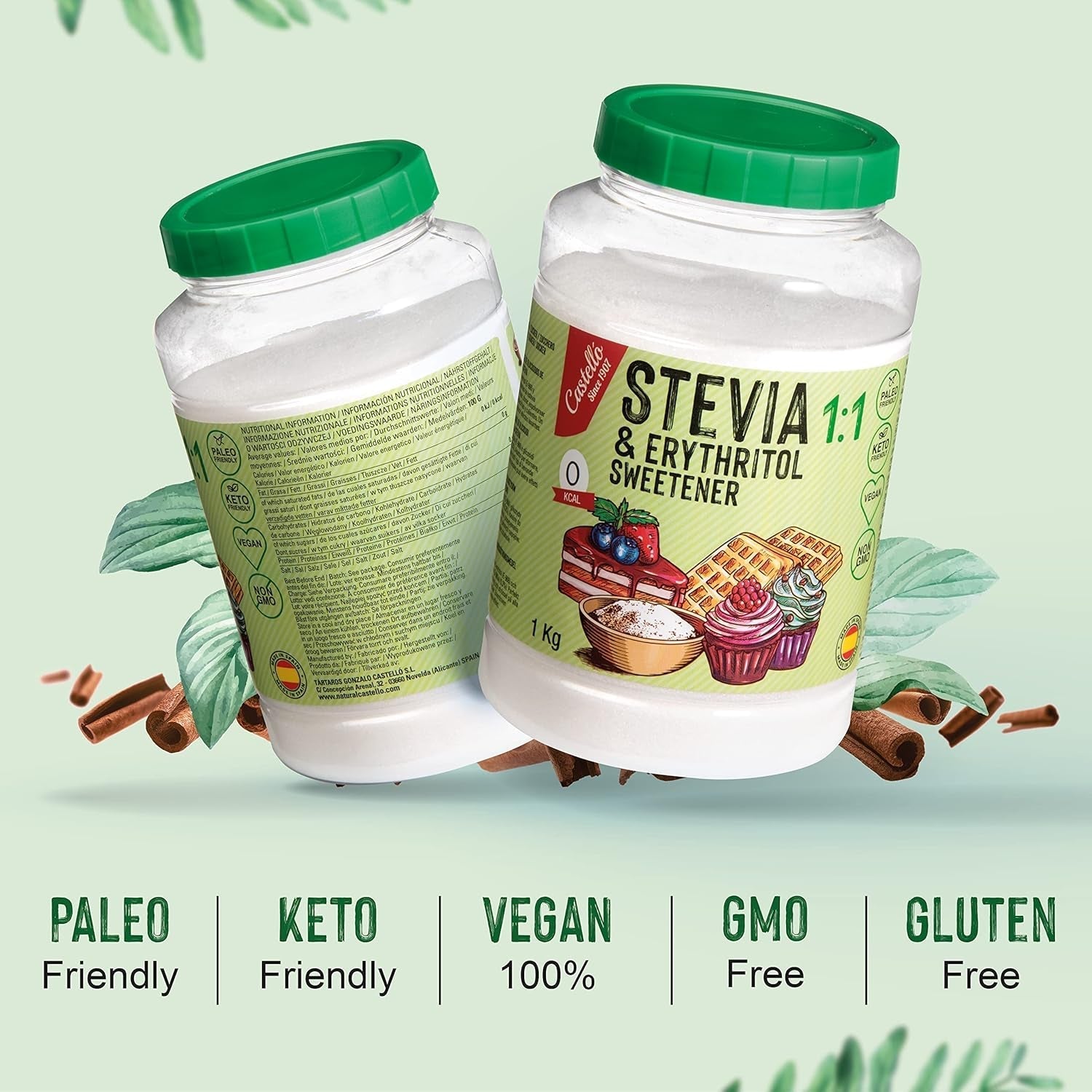 Stevia + Erythrit 1:1 Süßstoff | 1G = 1G Zucker | 100% Natürlicher Zuckerersatz - 0 Kalorien - 0 Glykämischer Index - Keto Und Paleo - 0 Netto-Kohlenhydrate - Kein GVO - Castello since 1907-1 Kg Indulcitori Naty Shop