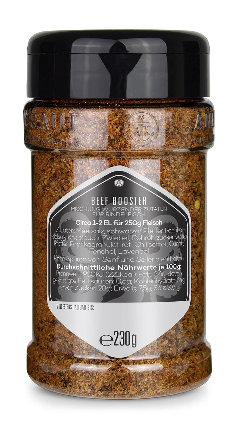 Ankerkraut Beef Booster, Rub Brisket and Steak Gewürze, Gewürzmischung für Fleisch, 230g im Streuer