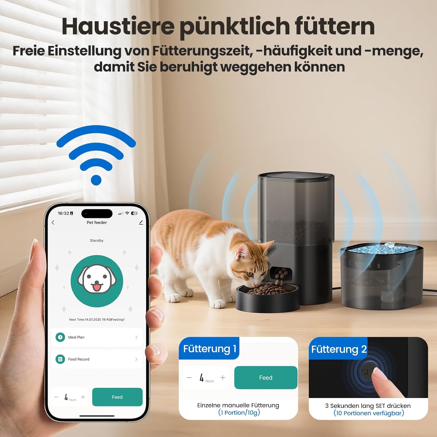 3L Automatischer Katzenfutterspender 2.5L Katzenbrunnen-Set, geräuscharmes App-steuerbares Fernfütterungsgerät mit 10 Mahlzeiten pro Tag, Anti-Verstopfungs-Design, ideal für Katzen & Welpen