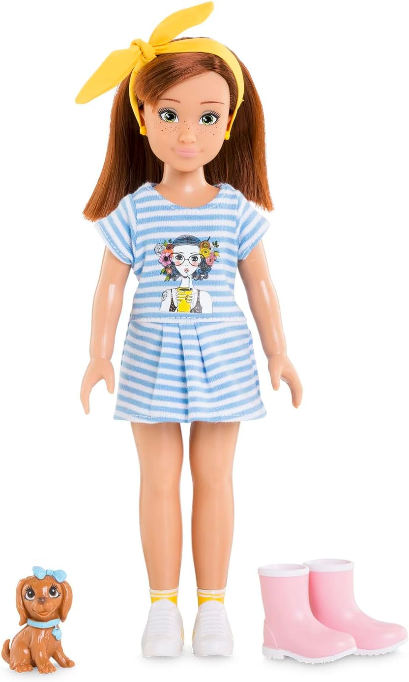 Corolle 9000600030 - Girls Luna Einhorn Set, Knöchelpuppe im Sommeroutfit mit Hund, mit Haarband, Ohrringen und extra Gummistiefel, 28cm Spielpuppe mit Vanilleduft, ab 4 Jahren