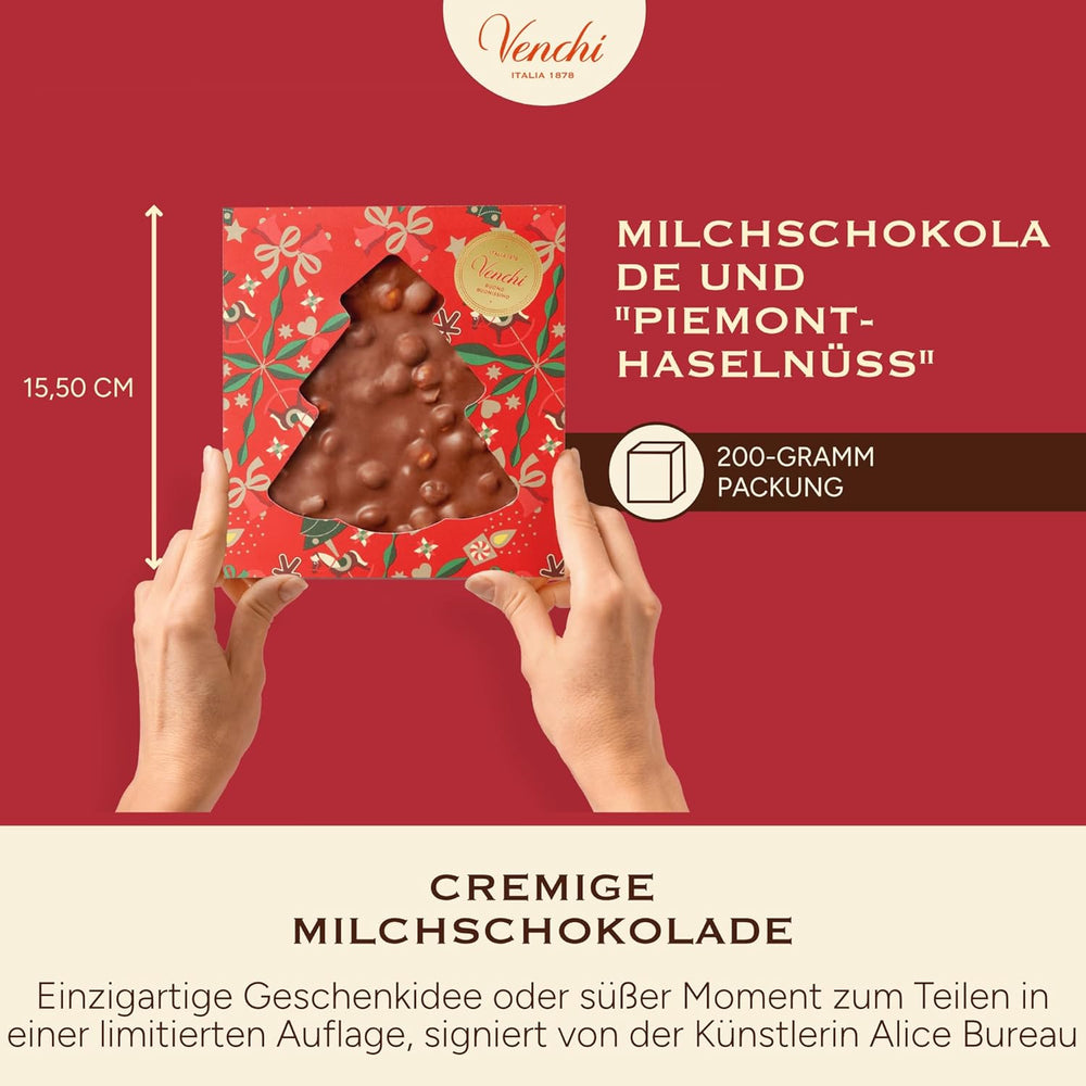 Venchi, Brutto&Buono, handgemachte Milchschokoladentafel in Tannenbaumform „Piedmont Forest Haselnuss“, 200 g, glutenfrei, limitierte Weihnachtskollektion, Geschenkidee