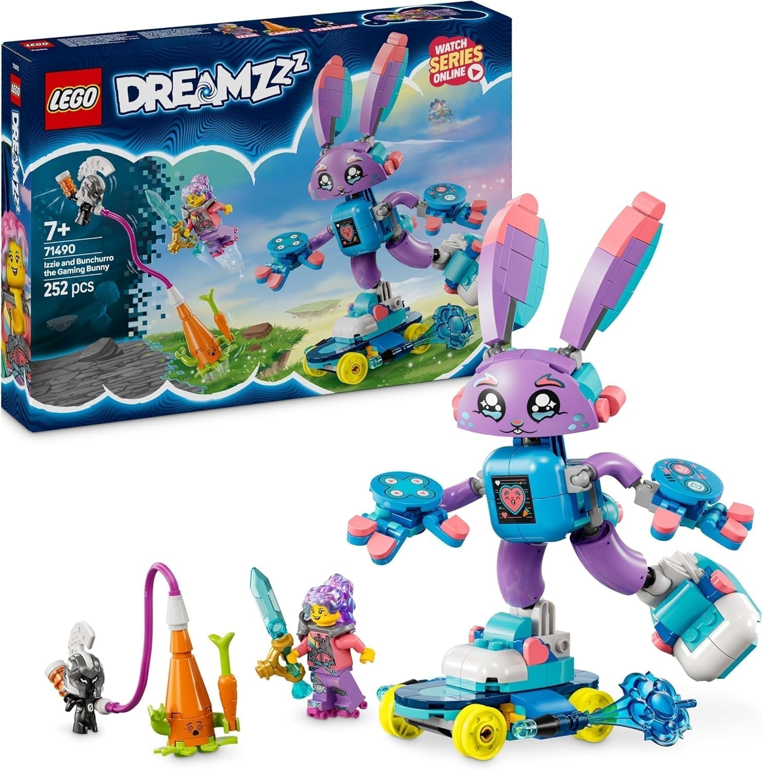 LEGO Dreamzzz Izzie and Bunchurro The Gaming Bunny, jucărie pentru copii 7+, set de joacă 2 în 1 cu Hero Minifigure și Cyberling pentru o experiență de joacă imaginativă 71490 Seturi de constructie Besuche den LEGO-Store Titlu implicit