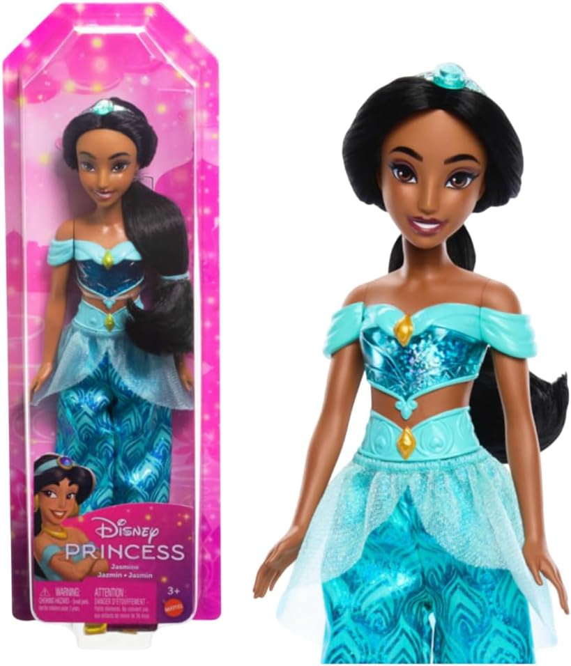 Jucărie Mattel Disney Princess, Păpușă la modă articulată Jasmine cu haine și accesorii strălucitoare, inspirată din filmul Disney, cadou pentru copii, HLW12
