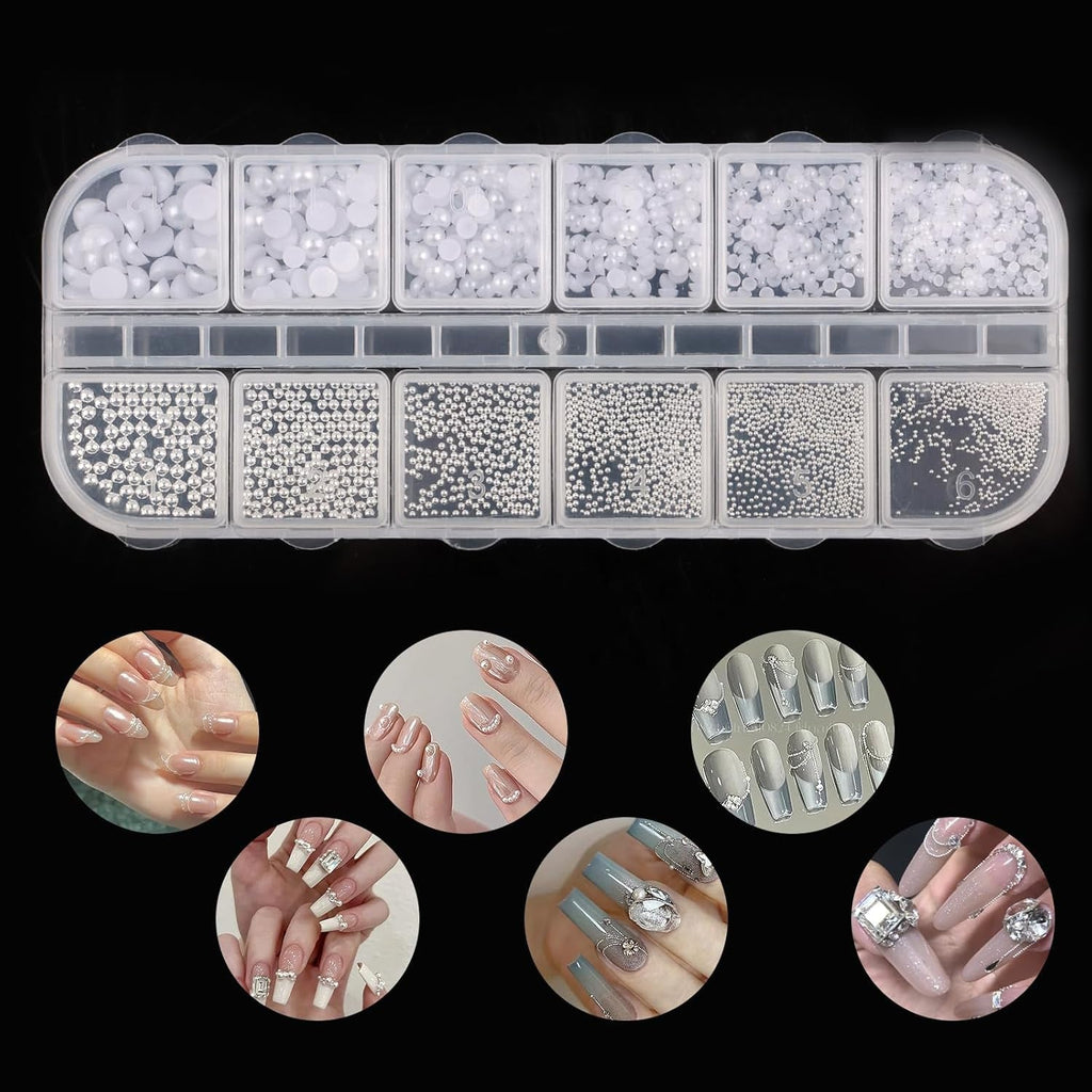 Nail Art Strasssteine 1 Schachtel, Nail Charms, 12 Typen Weiße Perlen Für Nägel, Flatback Rhinestones, Klein Edelstahl-Perlen, Nagel Deko, Nagel Zubehör