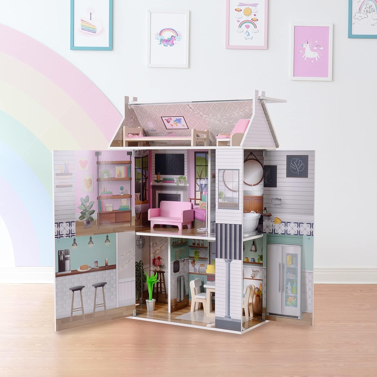 Olivia'S Little World Dreamland Farmhouse Kids Interaktives Puppenhaus aus Holz 3 Etagen mit 13 Puppenmöbelzubehör Weiß TD-13632A Puppenhäuser Naty Shop