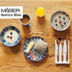 Serviciu de masă MÄSER 934017 Iberico Blue pentru 4 persoane, format din 12 piese, în stil maur, cu diverse modele vintage în alb și albastru, ceramică
