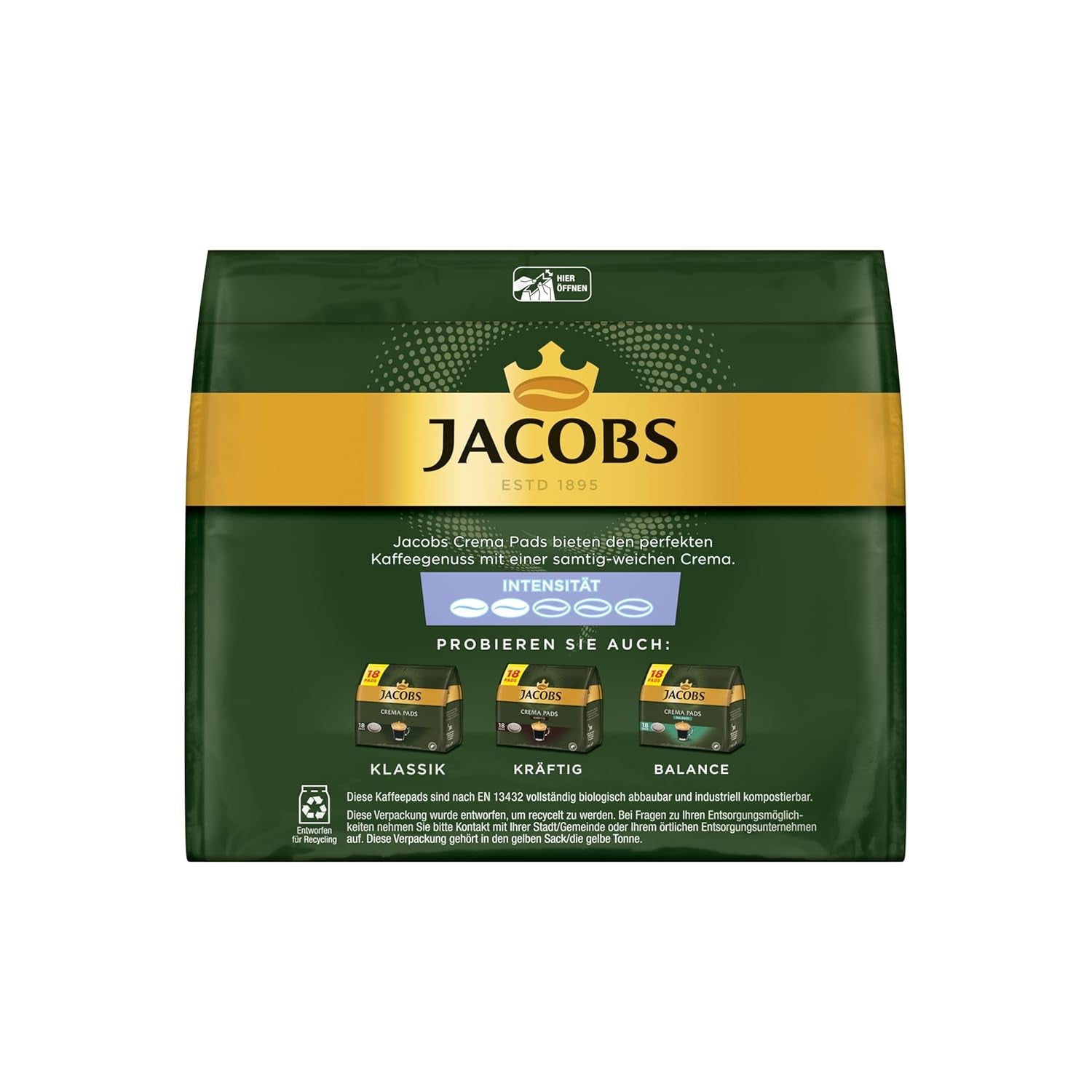 Jacobs Pads Crema Mild, Senseo kompatible Pads, 5 x 18 Getränke, 90 Kaffeepads