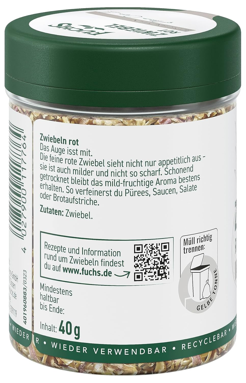 Fuchs Gewürze - Zwiebel rot geschnitten - Gewürz für Pürees, Salat oder Brotaufstriche - natürliche Zutaten - 40 g in wiederverwendbarer, recyclebarer Dose