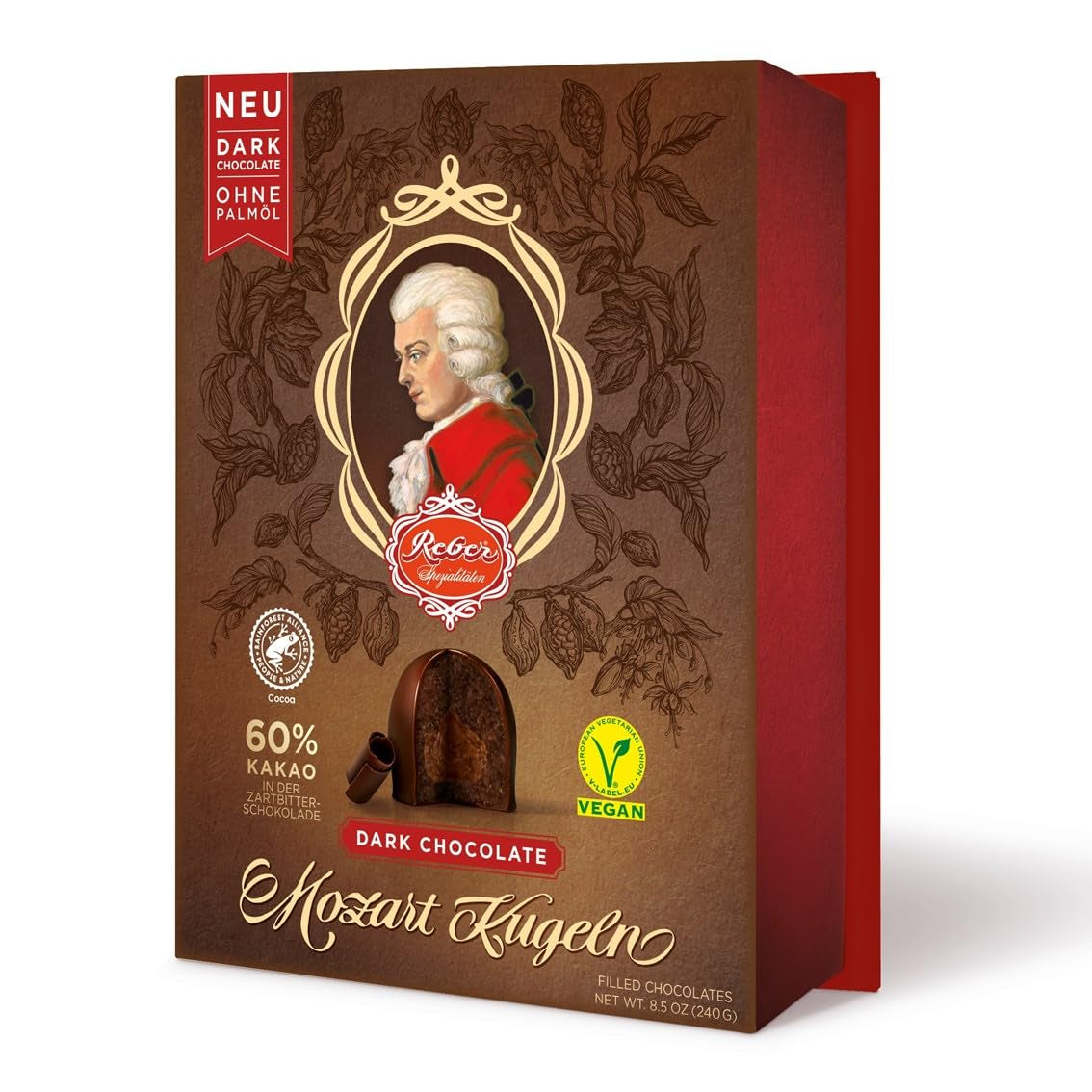 Reber Mozartkugeln mit Zartbitterschokolade, 6er Pack mit Marzipan und Nougat, vegan – 1 x 120 g