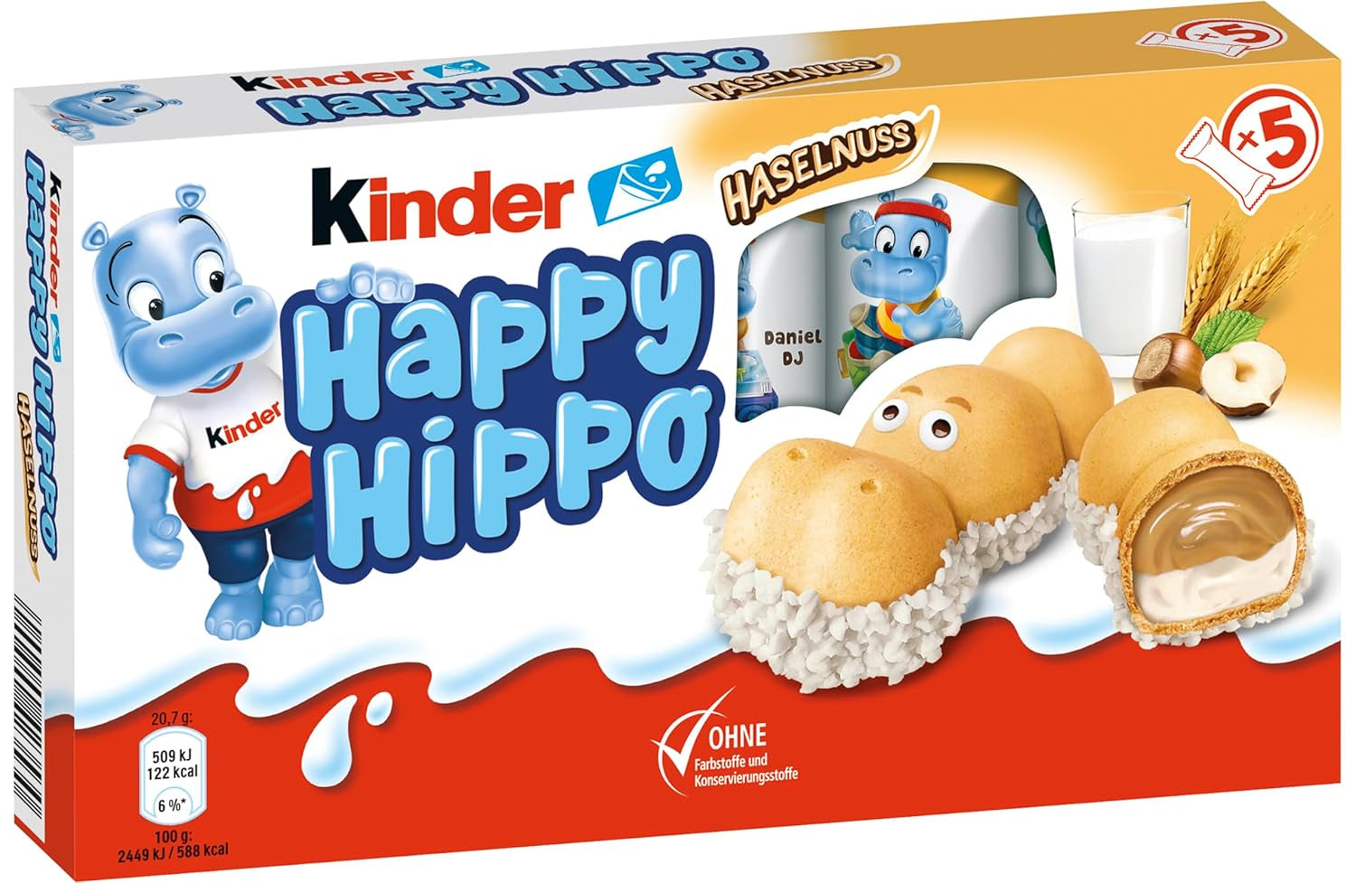 Kinder Happy Hippo Haselnuss – Knusprige Spezialwaffeln mit Milch und Haselnusscreme – Karnevals- und Faschingssüßigkeiten – 1 Packung mit 5 einzelnen Riegeln à 20,7 g