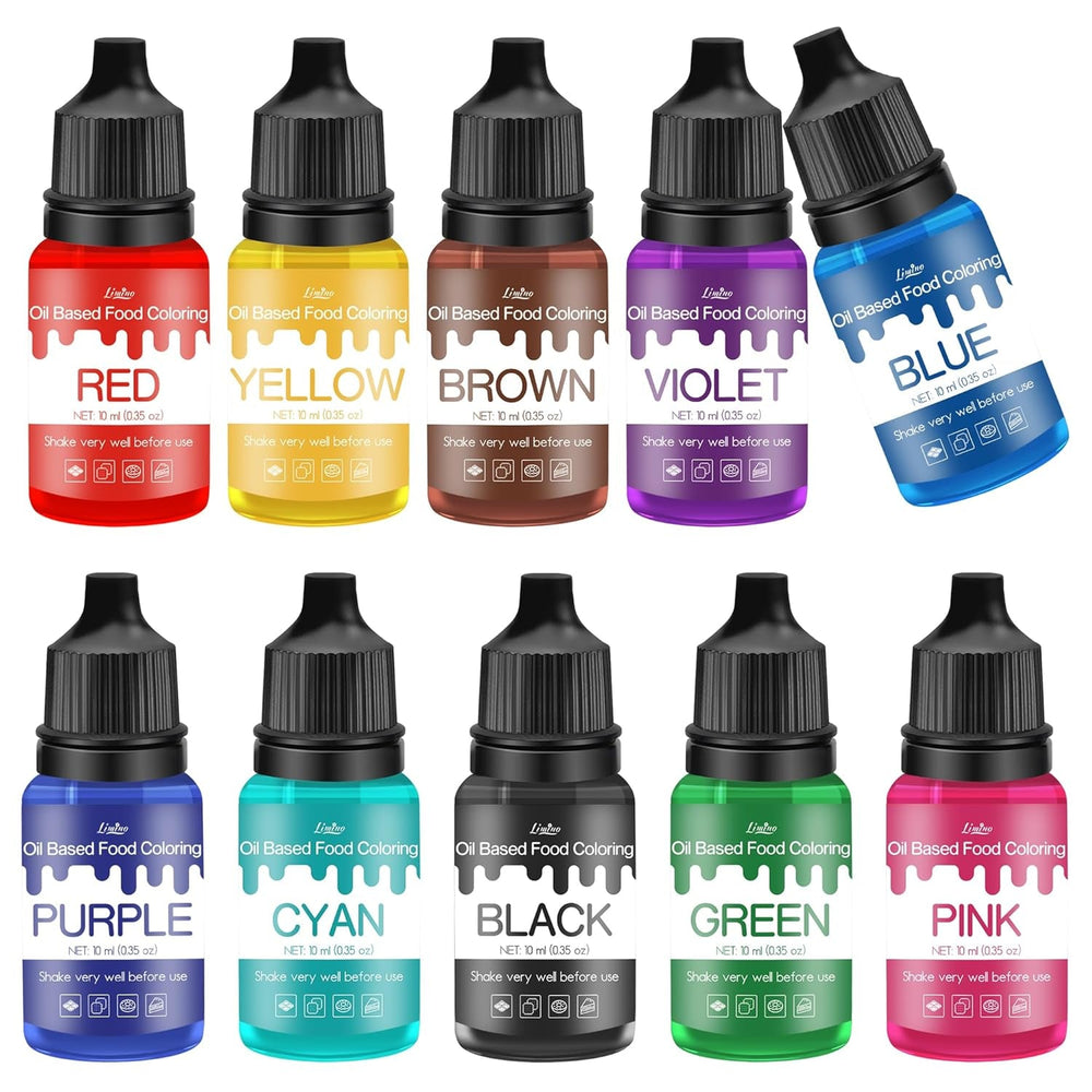 Fettlösliche Lebensmittelfarbe - 10 Farben Ölbasis Lebensmittelfarben Für Schokolade, Süssigkeit, Kuchen, Backen, Macaron - Konzentrierte Lebensmittelfarbe Für Tortendeko, Buttercreme, Fondant - Je 10Ml Naty Shop 10 Ml (10Er Pack)