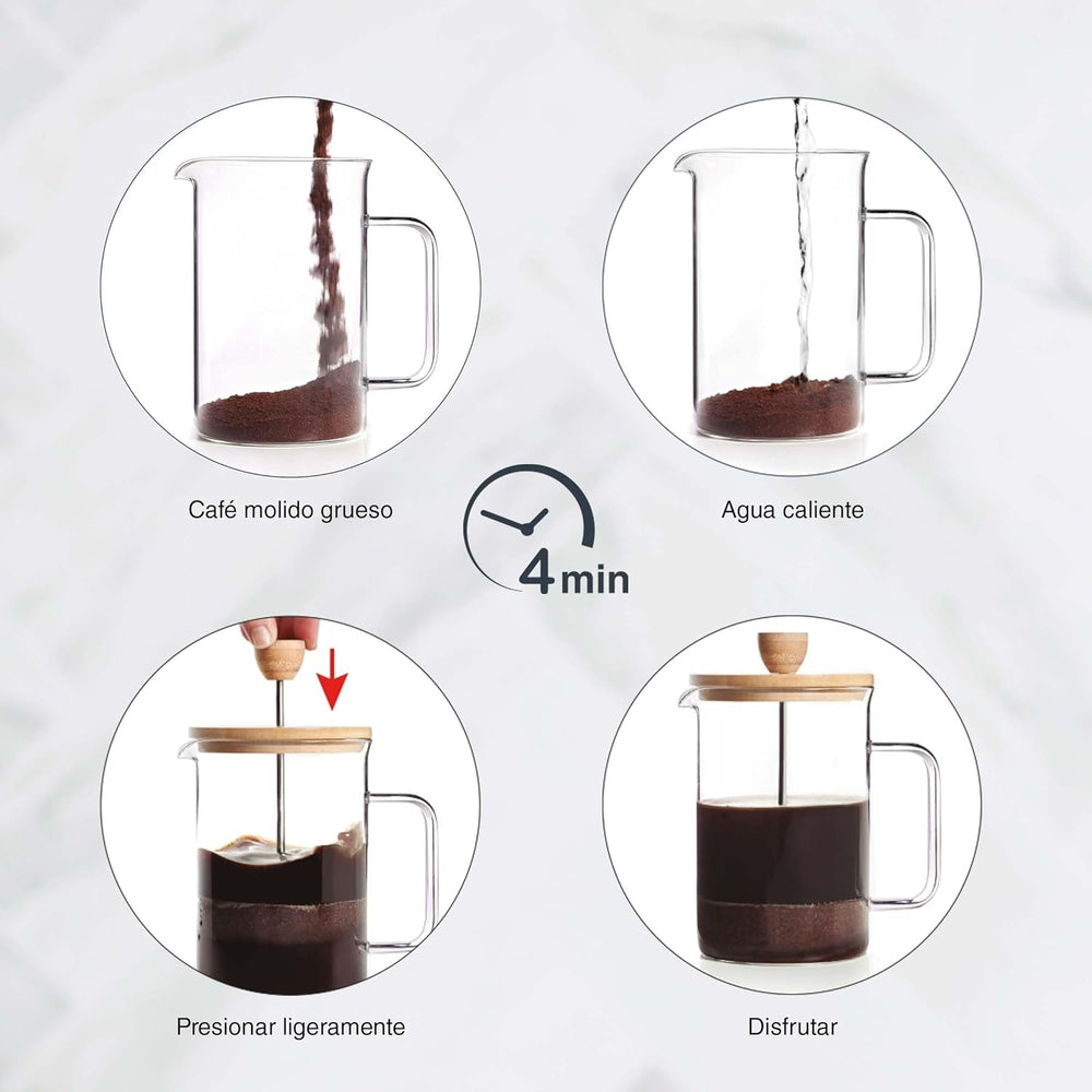 Cafetieră franceză, presă de cafea, aparat de cafea cu piston, ibric francez pentru cafea filtrată, 3 cești, 0,35 l, oțel și lemn