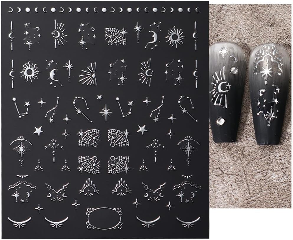 Autocolante 3D metalice argintii pentru unghii, autocolante pentru unghii pentru femei, stea, lună, soare, folie de unghii, autocolante autoadezive, autocolante fluture pentru unghii, autocolante pentru unghii, accesorii pentru design unghii, 8 bucăți