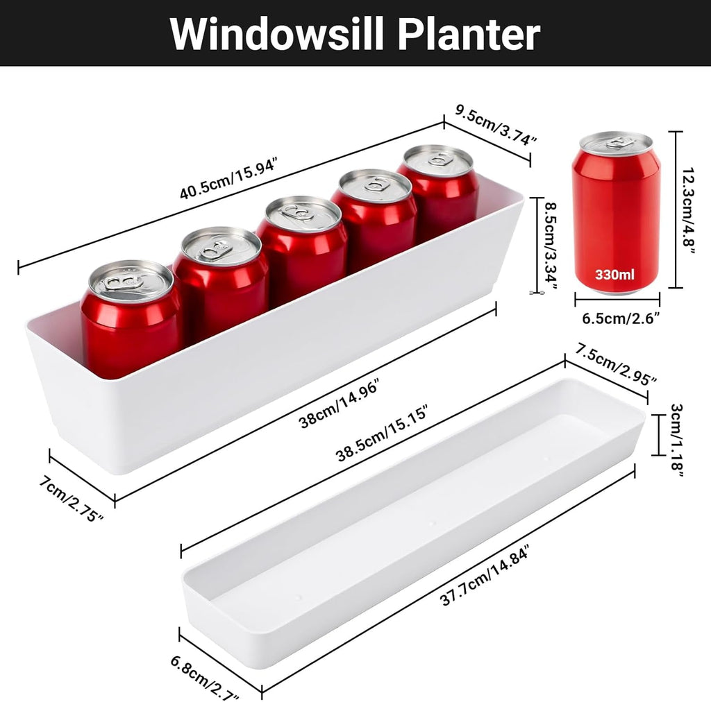 Set de 3 ghivece dreptunghiulare (40,6 × 9,7 cm) cu farfurioare – ghivece albe din plastic pentru ierburi, flori, legume – pentru balcon, grădină, pervaz, interior și exterior