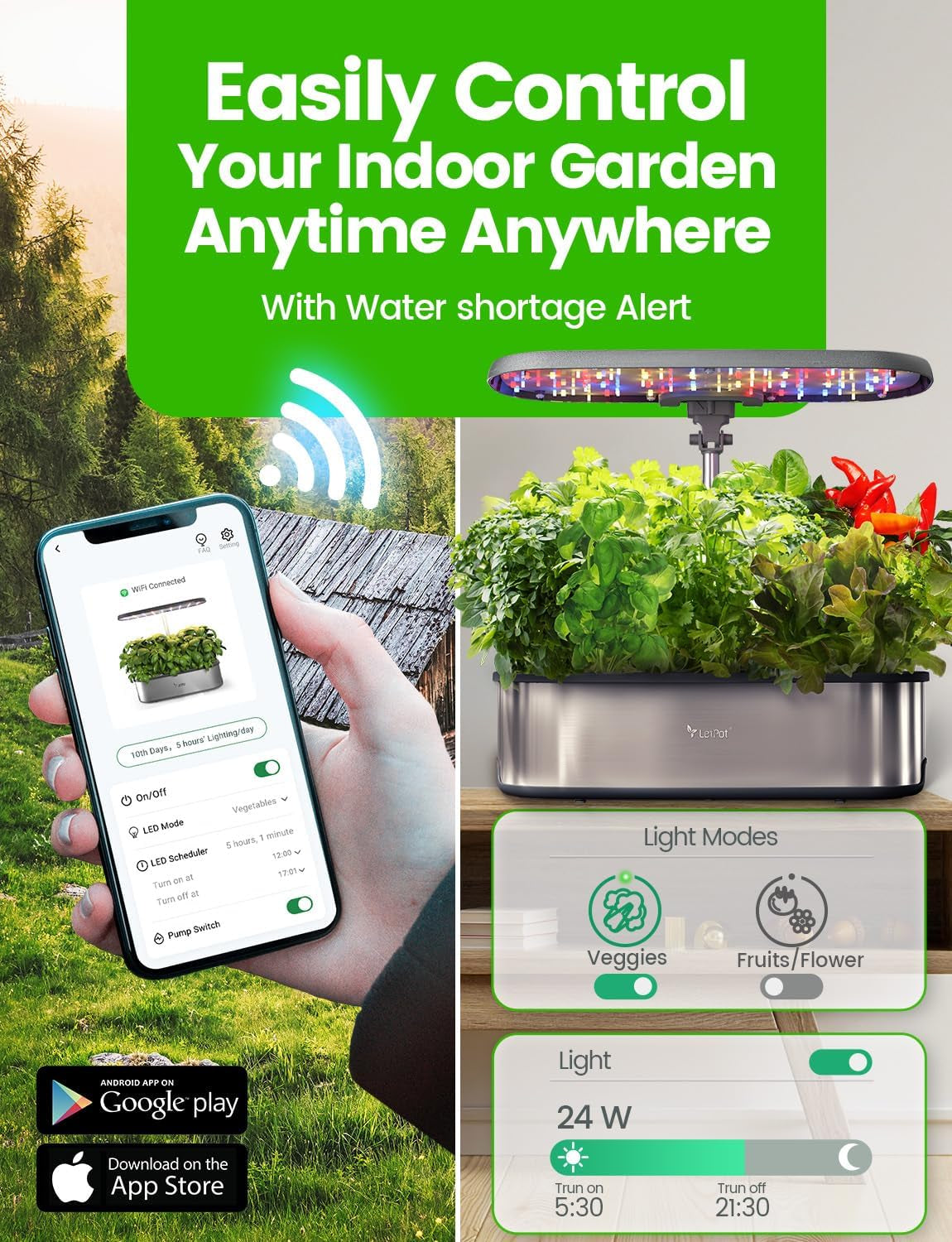 Sistem de creștere hidroponică WiFi LPH-SE, kit inteligent pentru grădină de plante aromatice cu 12 ghivece pentru uz interior, grădină interioară cu lampă LED de creștere de 24 W, rezervor de apă de 5,5 l, sistem de pompare, temporizator automat