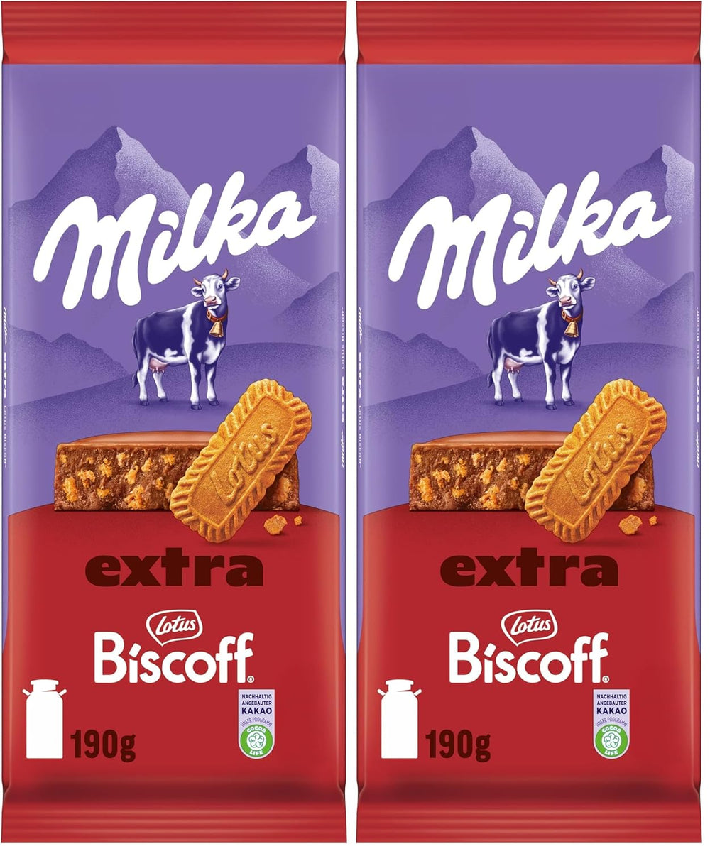 Milka Extra Biscoff Schokolade – Alpenmilchschokolade mit knusprigen Lotus Biscoff Keksstückchen – 190g