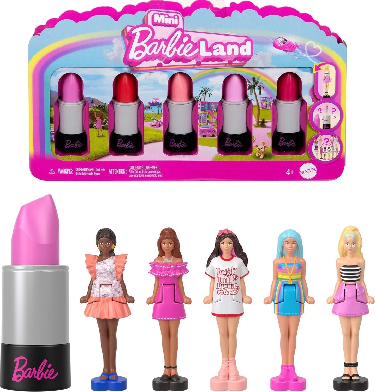 Barbie Mini Barbieland Set mit 5 Fashionistas-Puppen, ca. 3,8 cm große Mini-Puppen in Lippenstifthüllen, Überraschungskollektionsset (Stile können variieren), JBD26 Naty Shop-Puppen, 1 Packung