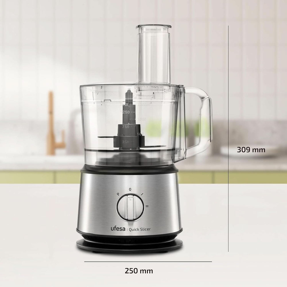 Ufesa Quick Slicer Processor Multifunktions-Foodprozessor 10-In-1, 1200W, 1.5L Fassungsvermögen, Edelstahlgehäuse, X3 Doppelseitige Scheiben, X1 Schneidemesser, X1 Rührlöffel Mutter und Kind Naty Shop