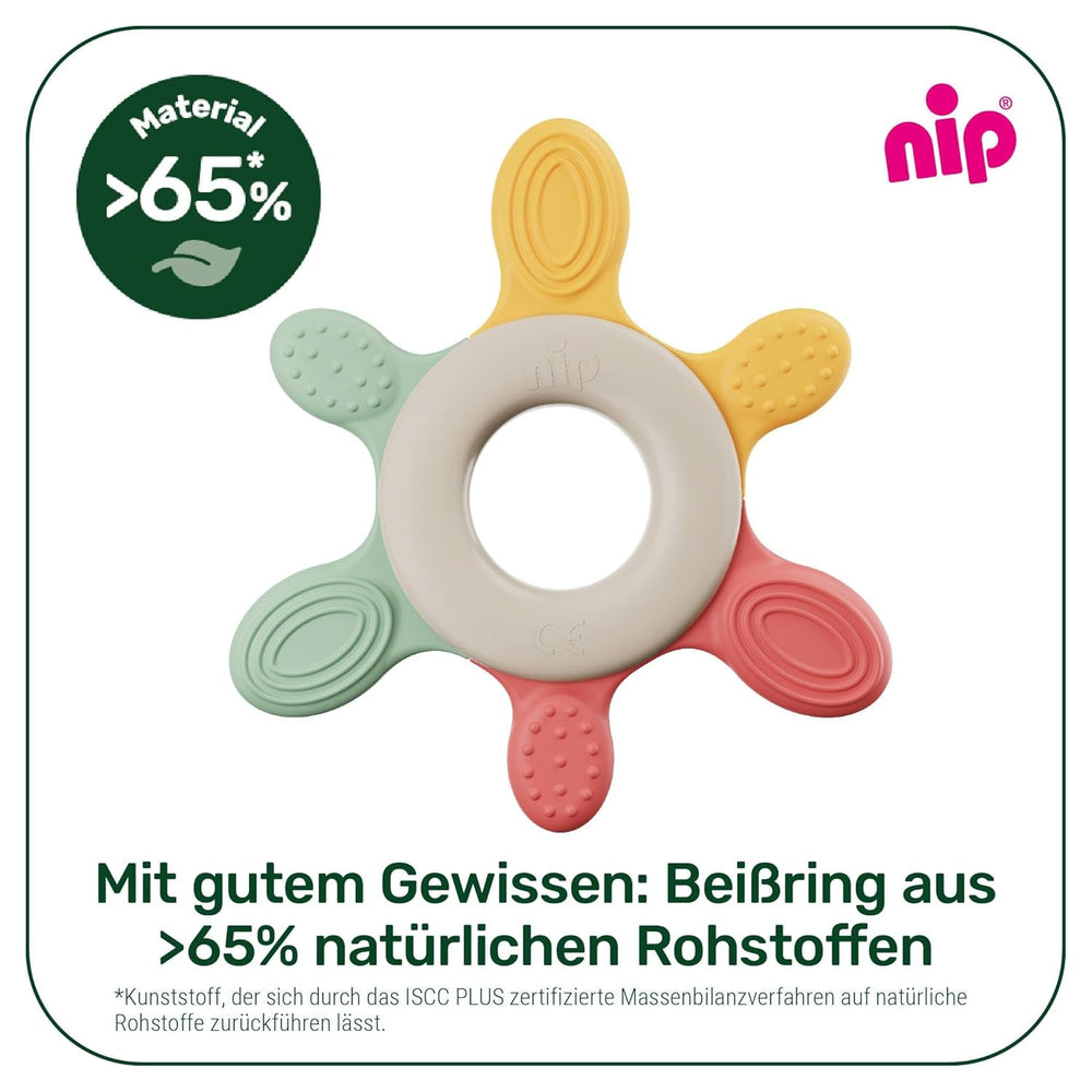 nip – Inel de dentiție | Inel de dentiție sustenabil pentru bebeluși de la 3 luni, fabricat din peste 65% materii prime naturale. Pentru masajul ușor al gingiilor, limbii și dinților | Roșu/Verde/Portocaliu