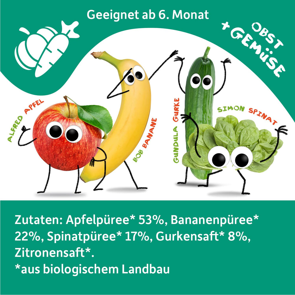 FRECHE FREUNDE Bio-Quetsch-Früchtebeutel mit Äpfeln, Bananen, Spinat und Gurke, püriertes Obst und Gemüse im Quetschbeutel für Babys ab 6 Monaten, vegan, 6er-Pack (6 x 100 g)