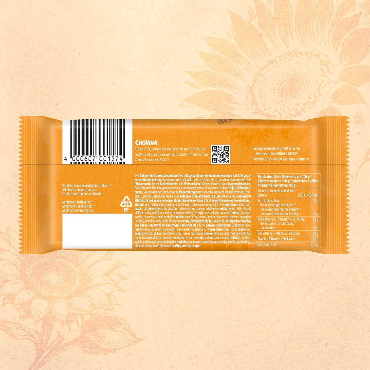 Gesalzene Butterkekse und ChoViva, 80-g-Riegel, hergestellt aus alternativer Schokolade mit Sonnenblumenkernen