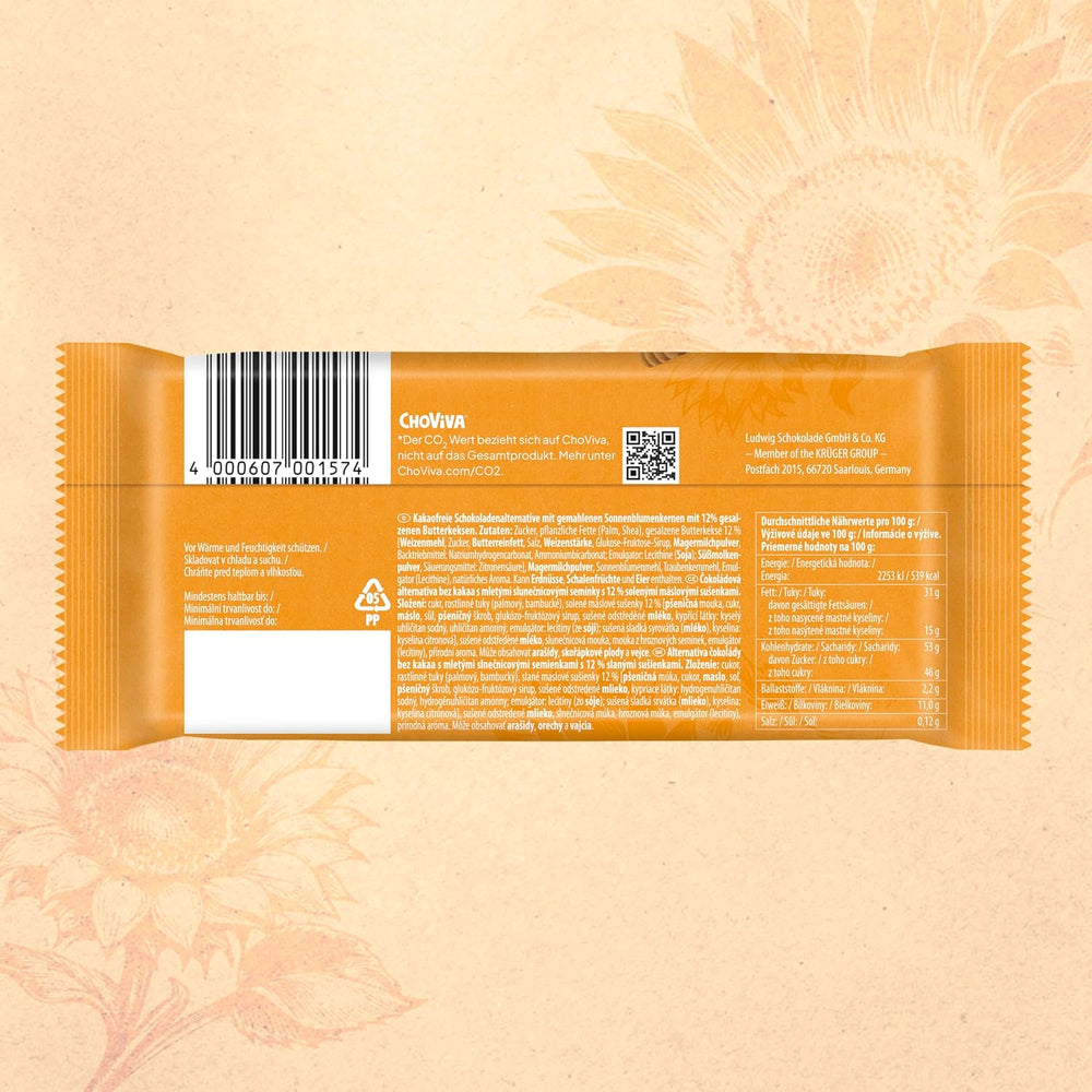 Gesalzene Butterkekse und ChoViva, 80-g-Riegel, hergestellt aus alternativer Schokolade mit Sonnenblumenkernen