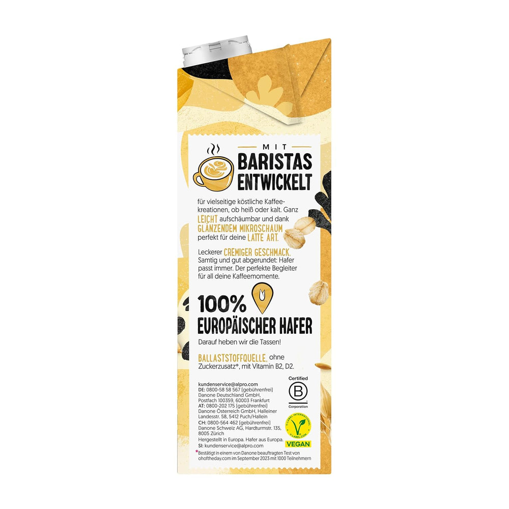Alpro Barista Haferdrink – Zum Aufschäumen – Vegan und milchfrei – Von Natur aus laktosefrei – Reich an Ballaststoffen, Kalzium und Vitaminen – 8 x 1 L – Haltbar