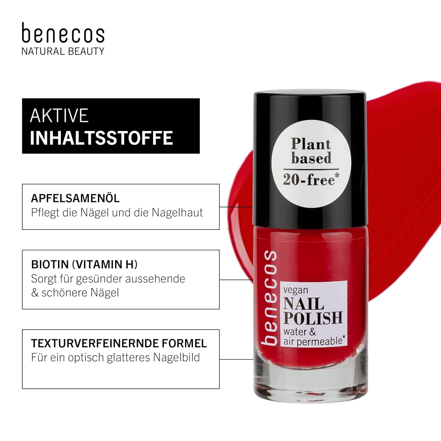 Benecos 20-Free veganer Nagellack, Vintage-Rot – pflanzlicher Nagellack – schnell trocknend und langlebig – wasserdurchlässig – angereichert mit Biotin – 5 ml