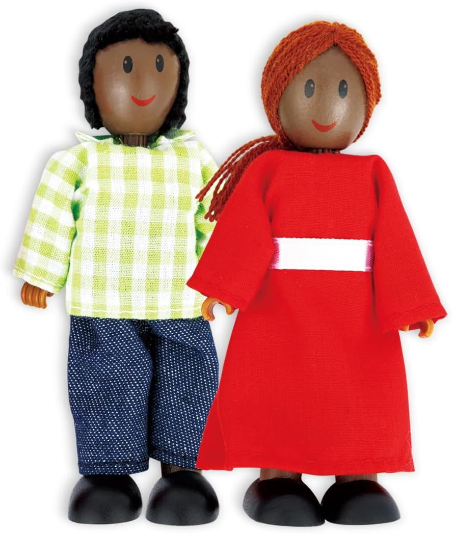 Hape Doll Family – Set de accesorii pentru casă de păpuși cu 6 piese, culoare piele închisă, cu figurine din lemn și material textil, joc de rol, jucărie educativă, jucărie interactivă de învățare pentru copii cu vârsta de 3 ani și peste