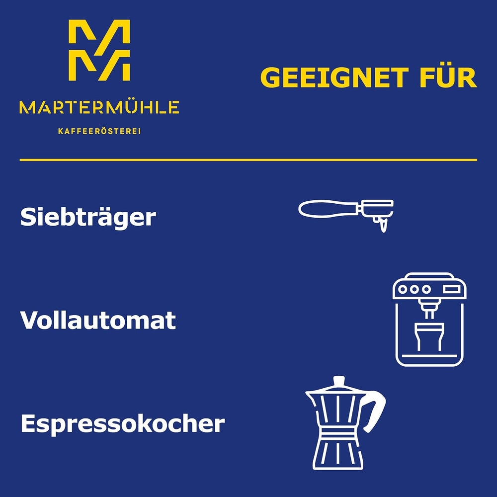 Boabe de espresso Martermühle Office Blend 1 kg, concentrație medie | Arabica/Robusta | Arome: Migdale, Ciocolată | Boabe de espresso întregi, prăjite ușor, aciditate scăzută