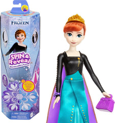 Mattel Disney Die Eiskönigin Anna Modepuppen-Set, Spin & Reveal mit 11 Überraschungen, darunter 5 Accessoires, 5 Sticker und eine Szene zum Spielen, vom Disney-Film inspiriert, HXD27