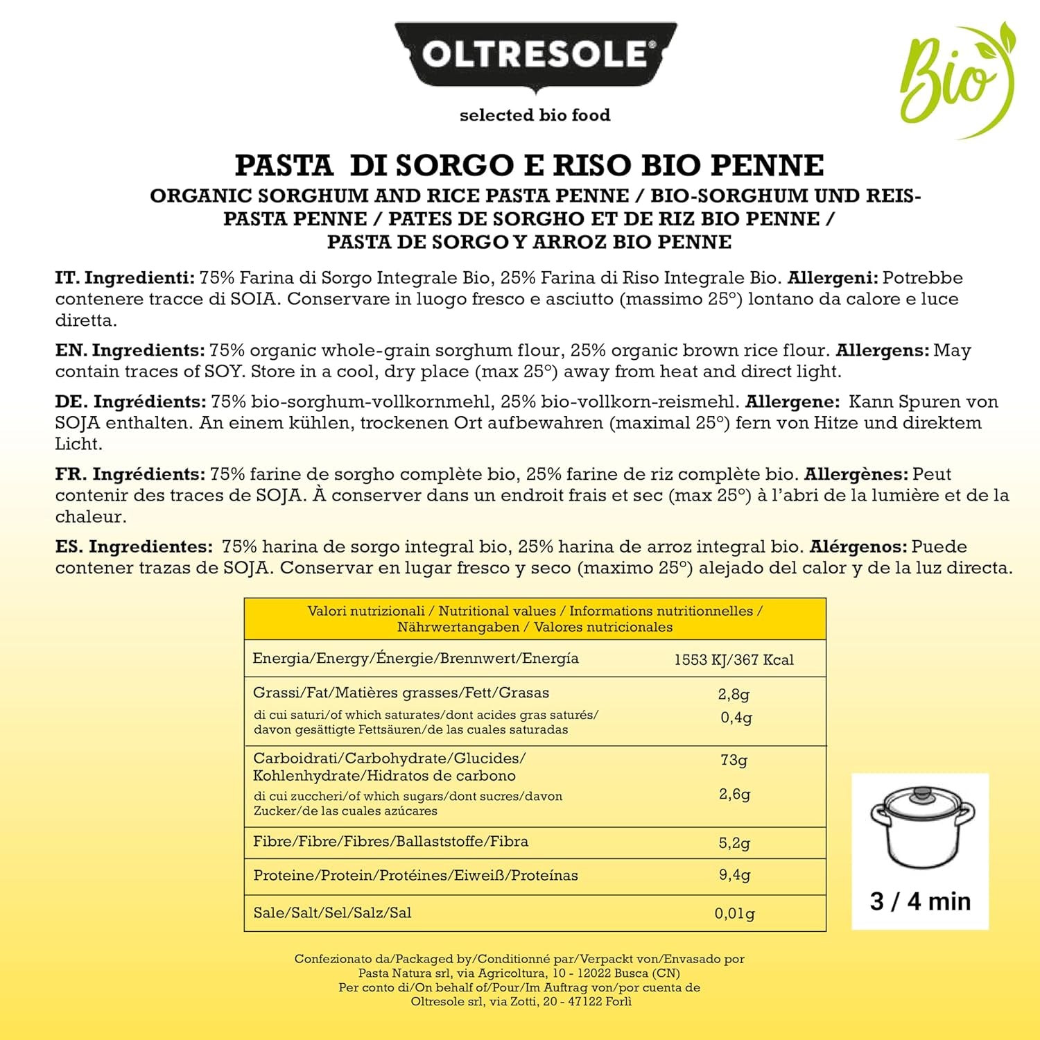 - Italienische Bio-Sorghum- und Reisnudeln, glutenfrei, Penne-Form - Glutenfreie Nudeln aus Vollkornmehl aus italienischem Bio-Anbau, vegan, Packung mit 3 Packungen x 350 g