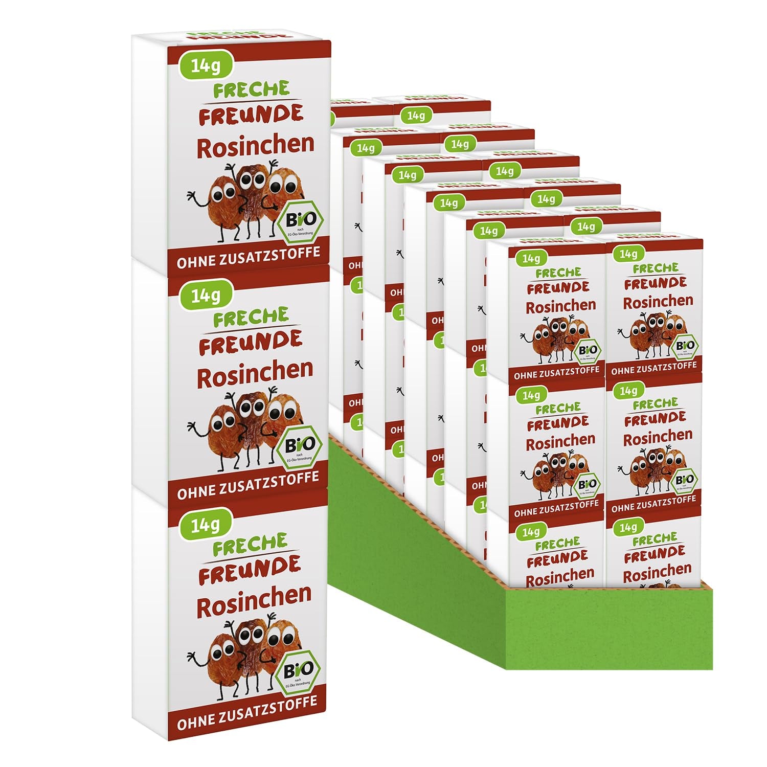 FRECHE FREUNDE Bio Rosinen, Trockenfrüchte ohne Zucker, ohne Zusatzstoffe, ungeschwefelt, in kleinen Snackboxen, Sultaninen für Kinder, 20er Pack, 20 x (3x14g)