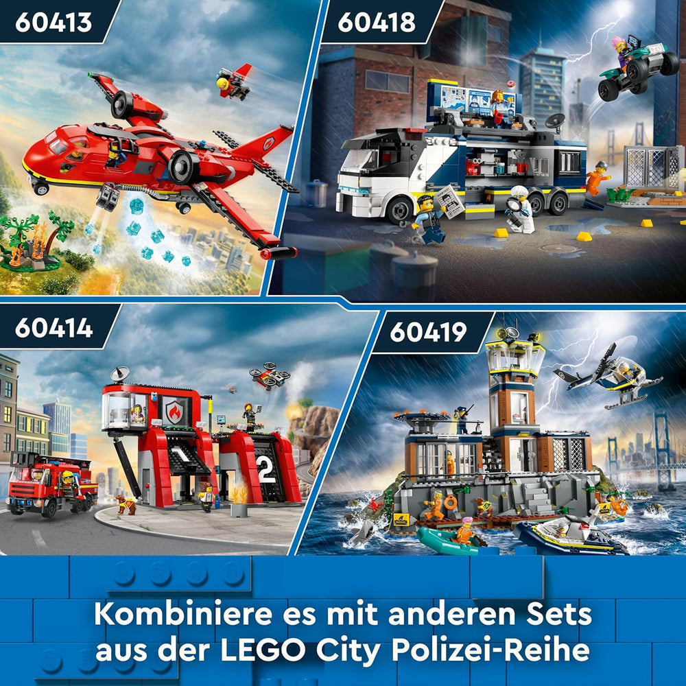 LEGO City Polizeistation auf der Gefängnisinsel, Polizeispielzeug mit Hubschrauber, Stiefel und Hai, Set mit 7 Minifiguren und Hund, Geburtstagsgeschenk für Jungen und Mädchen ab 7 Jahren 60419